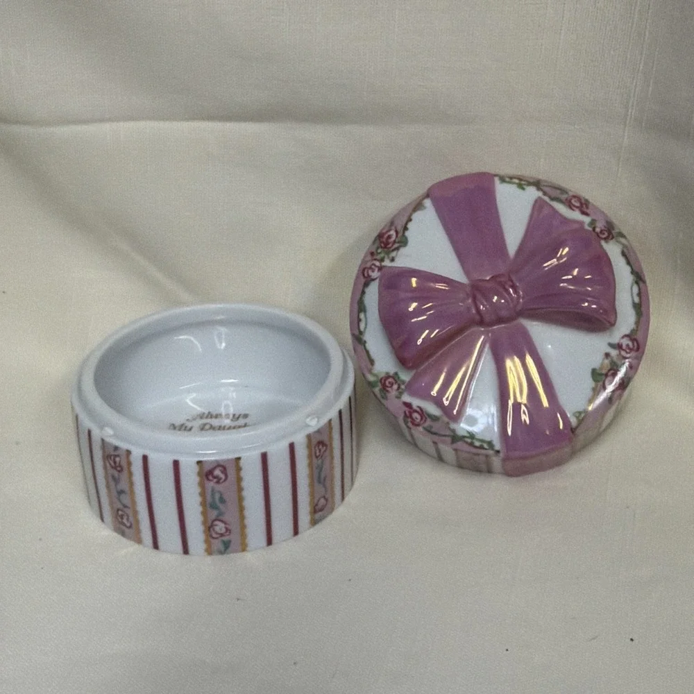 Always My Daughter MUSIC BOX TRINKET BOX Vintage Pink Bow Porcelain 2.75